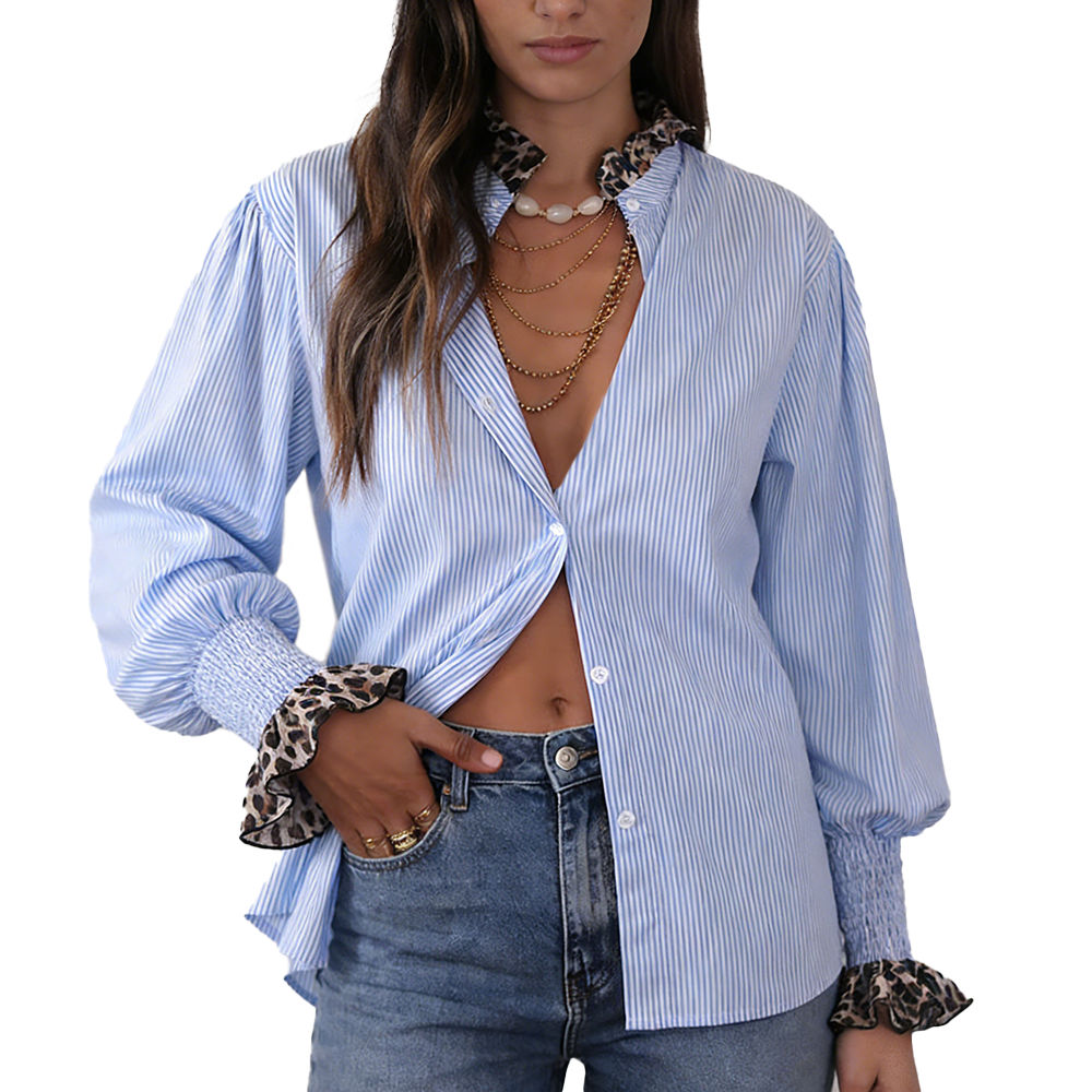 Women’s fashionable leopard print lace-trimmed sleeves casual blue and white striped shirt