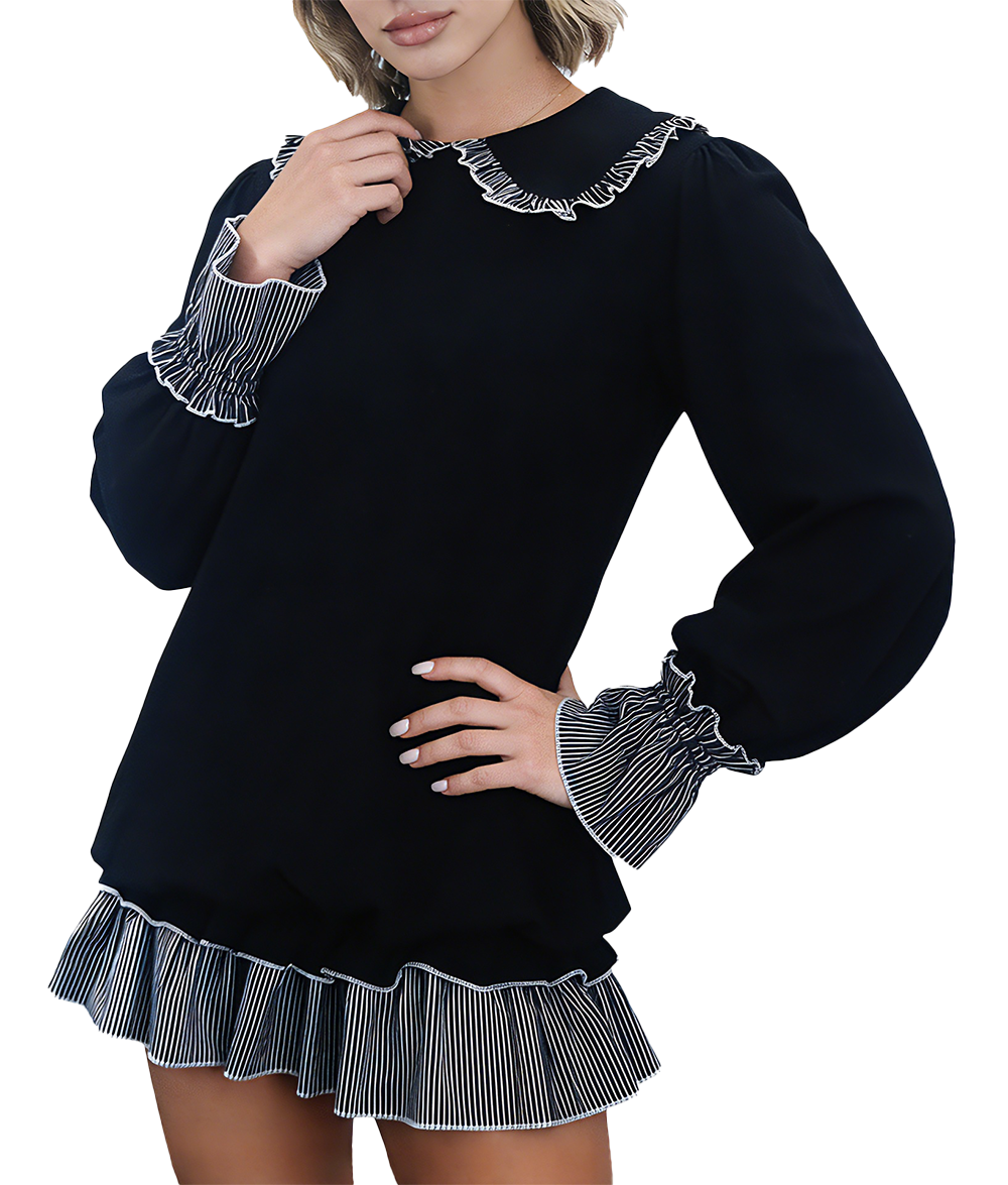 Women’s fashionable black and white striped color-blocked dress with Peter Pan collar and open back